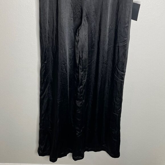 Lulu’s Black Feather Together Satin Wide Leg Jumpsuit Medium - Picture 10 of 16